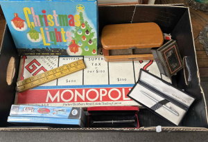 Lot 17 - Box - vintage Xmas lights, boxed, Monopoly game, small tin bank, wooden
