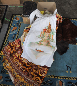 Lot 26 - 2 x Boxes plus Ladies items inc Hand painted crepe Cheongsam, 1930s Min