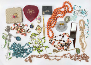 Lot 30 - Box costume jewellery - glass beads, brooches, pendants, enamel pendant