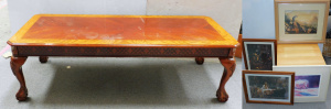 Lot 37 - Group lot inc Claw footed Inlaid coffee table 135cm L , 4 x Framed pict