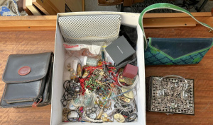 Lot 44 - Box lot - ladies bags, costume jewellery, mop box etc