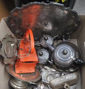 Lot 48 - Mixed lot of vintage metalware inc orange painted coal iron, Paramont E