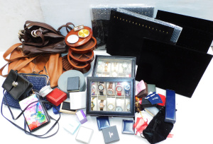 Lot 50 - 2 x Boxes Ladies Bags, Compacts & Jewellery items inc Brown Futura