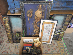 Lot 62 - Mixed Box plus inc Framed Art Work Metal Wall Art, Tins, Vintage Pencil