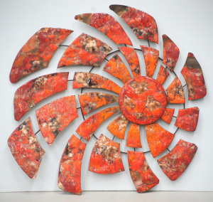 Lot 92 - Large Mid Century Heavy Metal & Enamel Wall Art - Orange, Red &