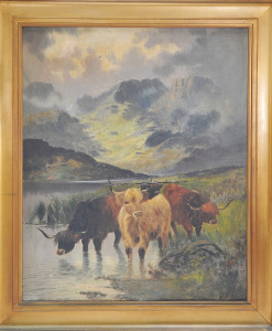 Lot 104 - Gilt framed British oil on canvas c1900 depicting highland cattle in m