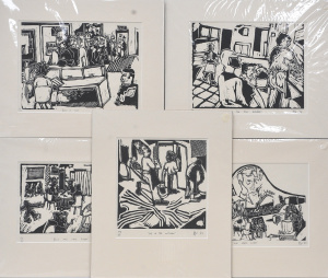 Lot 108 - Artist Unknown set of 5 x mounted Linocut Prints - Billy & The Car