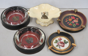 Lot 111 - 4 vintage glass topped ashtrays (over 2 x embroidery, 2 x leather with