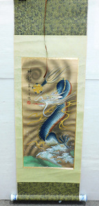 Lot 131 - Vintage hand painted Chinese Scroll with porcelain weights and an imag