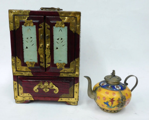 Lot 142 - Miniature Chinese wedding cabinet with carved green stone panels and b