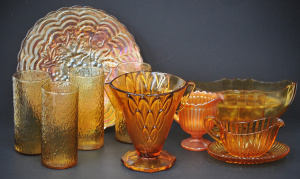 Lot 144 - Group lot vintage Amber & Marigold Carnival glass inc Art Deco Cze