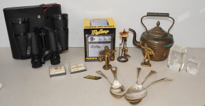 Lot 155 - Mixed lot inc vintage brass kettle, King binoculars wcase, boxed MyAmp