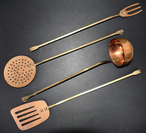 Lot 181 - 4 Vintage Copper Cooking Utensils - Brass handles inc Ladle, strainer,