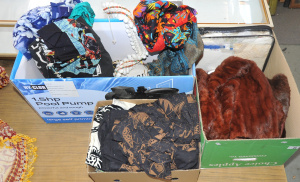 3 x Boxes plus Ladies items inc Hand painted crepe Cheongsam, Latge Tribal Shell