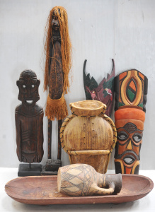 Group lot of Wooden & Ceramic Tribal inc Masks, Figures, Elongated footed bo