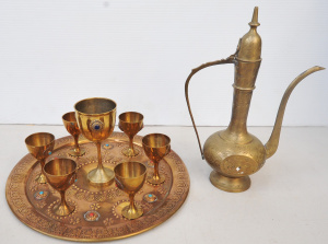 Group vintage Brass inc Eastern Jeweled stemware & matching tray, and Brass