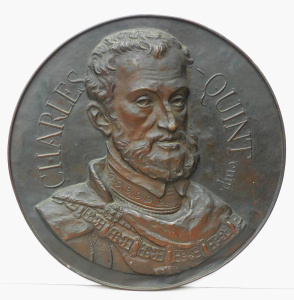 Large embossed copper portrait plaque of Charles V, Holy Roman Emperor - 58cm W