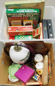 Large mixed lot of 2 boxes inc Oriental milk glass pectoral lamp with timber fra