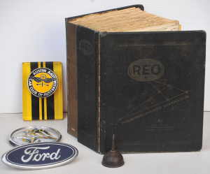 Vintage 1950s REO Master Parts Catalog, Ford & Holden Badges, Small Metal Oi