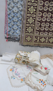 Lot 27 - Vintage Knitting basket & napery contents inc Hand embroidered Tabl