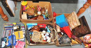 Lot 28 - 4 x Boxes of Mixed Items incl CDs, Carved Wooden Items, DVDs, Tribal It