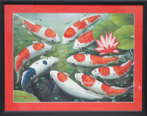 Lot 33 - Artist Unknown Large framed Decorative Feng Shui Oil Painting - 9 Koi F