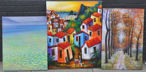 Lot 45 - 3 large decorative oils on canvas inc scene of village outside Rio De J