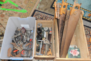 Lot 57 - 3 x Boxes of Vintage Tools & Hardware incl Various Clamps, Hand Saw