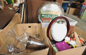 Lot 58 - 3 x Boxes mixed inc Oriental milk glass pectoral lamp with timber frame