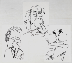 Lot 60 - 3 original ink on paper Jeff Hook (1928-2018) caricature cartoons inc J