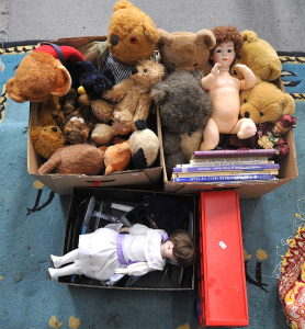 Lot 65 - 3 x Boxes Toys & Reference books inc Tedy Bears, Dolls, Soft Toys,