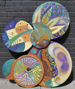 Lot 100 - Artist Unknown - Large unusual Oil Painting featuring 6 round panels f