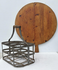 Lot 130 - 2 x vintage items - large wooden French cheese board & 6 x bottle