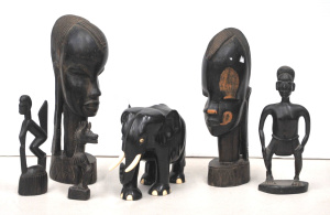 Lot 134 - 6 tribal ebony figural carvings, mostly African, inc elephant, busts e