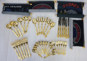 Lot 143 - Japanese 24ct gold plated flatware 42 piece setting for 6 + 4 souvenir