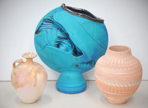 Lot 156 - 3 x pieces Low Fired Australian Pottery - Large unusual Blue glazed Va