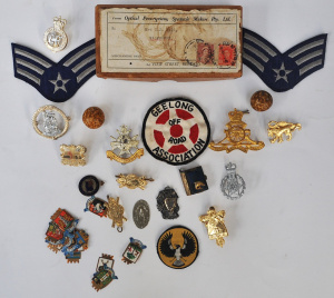 Lot 157 - Group of small vintage items inc ceramic marbles, hat badges inc Royal