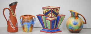 4 pces 1930s Ceramics inc West German Ewer 19cm H, Art Deco hand painted 5 secti