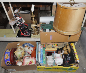4 x Boxes of Mixed Items incl Ceramics, Tins, Assorted Books, Lamps, Board Game