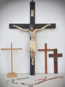 Group lot of Religious items inc Large Crucifix with plaster Jesus (af repair to