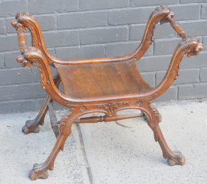 Vintage 19th C Italian Walnut Renaissance Revival Savonarola Chair Stool - Grot