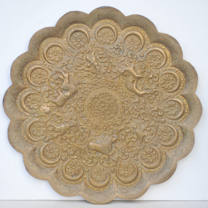 Vintage Brass charger - Heavily embossed with Figurs & Animals - scalloped r