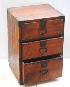Vintage Japanese pine 3 drawer Tansu Cabinet - Metal banding & forged Handle