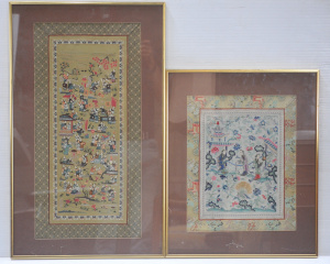 Lot 011 - 2 x framed vintage c1920s Chinese Silk Embroidered Panels - Busy scene