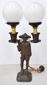 Lot 012 - 1930s Brass Two Arm Table Lamp w Figural Base of a Chinese Man &