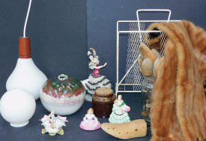 Lot 024 - Mixed Box lot plus vintage inc 1970s Pendant light, Dresden dancer fig