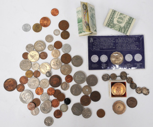 Lot 043 - Group lot of Currency inc Australian Pre Decimal Three Pence Bracelet,