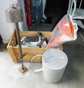Lot 071 - Group Vintage Industrial items inc 1960s Ford Bumper Jack, Alloy Boat