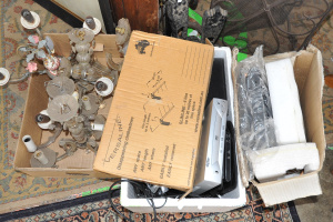 Lot 074 - Large mixed lot of 2+ boxes inc vintage chandeliers, 2 x LED spotlight