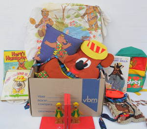 Lot 081 - Box lot of Vintage Humphrey B Bear Items incl Ties, Fabric Wall Hang,